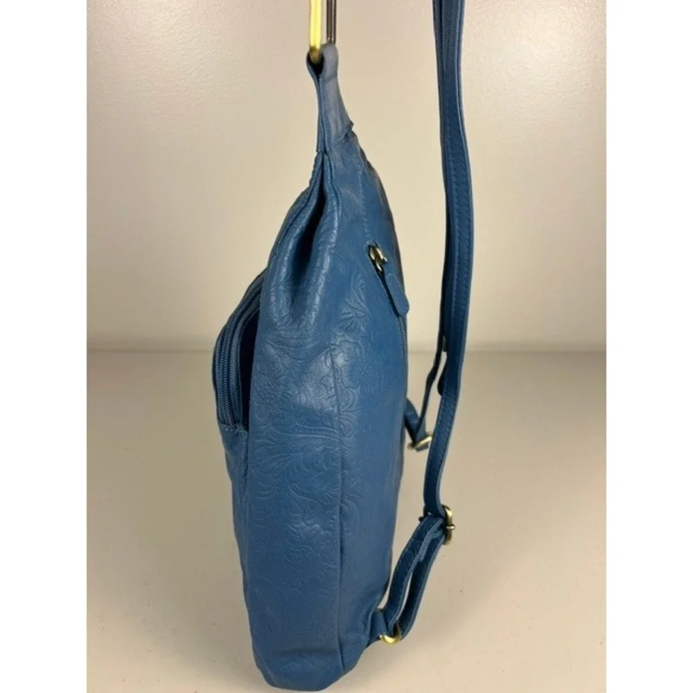 Great American Leather Works Blue Embossed Floral Sling Backpack Convertible Bag